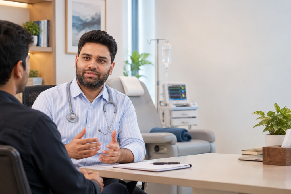 Psychiatrist discussing supervised ketamine therapy with an adult patient