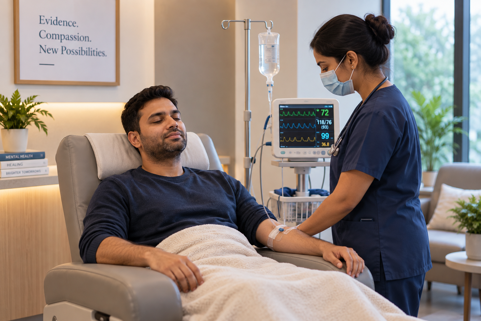 Adult patient receiving supervised ketamine therapy with clinical monitoring