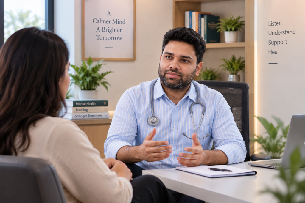 Therapist speaking with an adult patient during a PTSD consultation