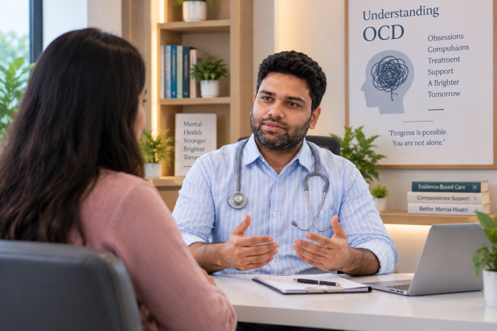 Psychiatrist discussing OCD symptoms and treatment with an adult patient