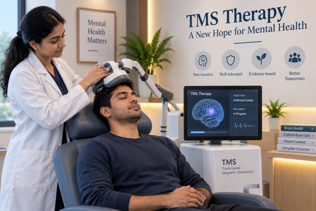Adult patient receiving TMS therapy with a magnetic stimulation coil in a clinic