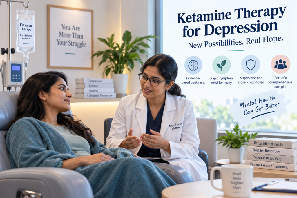 Psychiatrist discussing supervised ketamine therapy for depression with an adult patient