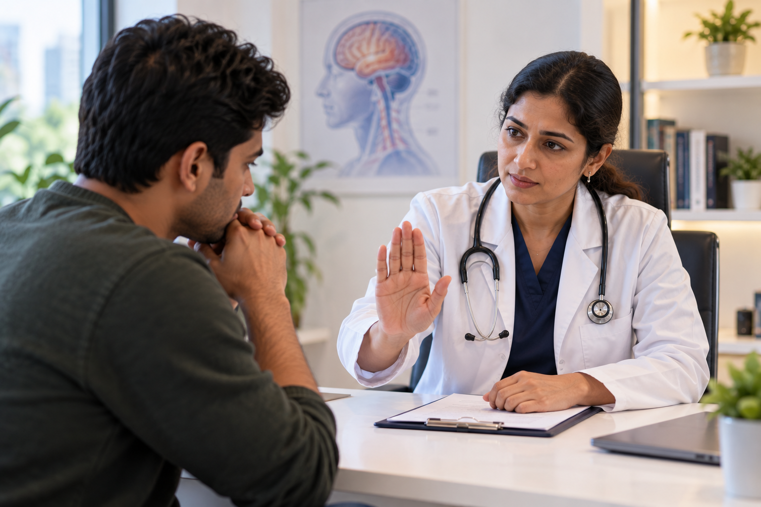 Doctor discussing whether ketamine therapy is appropriate with an adult patient